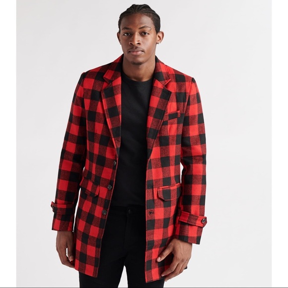 pix Red Plaid Trench Coat Mens reason men s plaid overcoat blazer coat red large